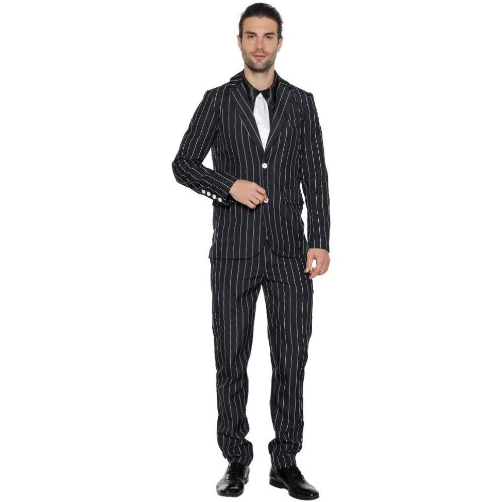 Men's 1920s Gangster Costume LARGE Black Wide Pin Stripe Suit Jacket Pants Shirt